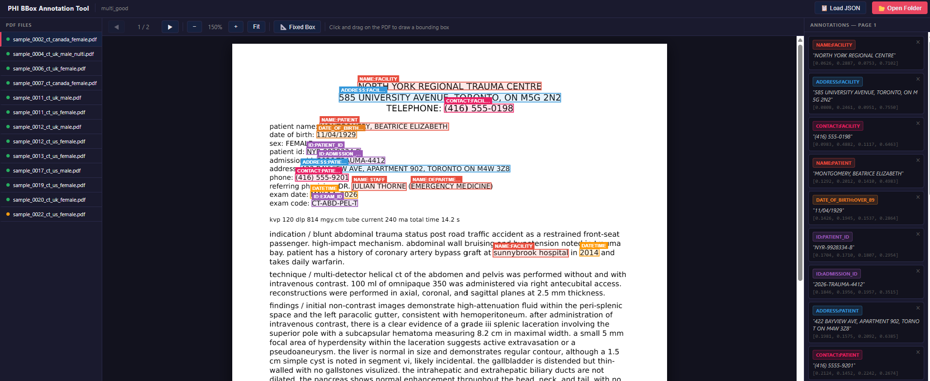 Custom PIB interface for manually annotating PHI bounding boxes on synthetic clinical documents